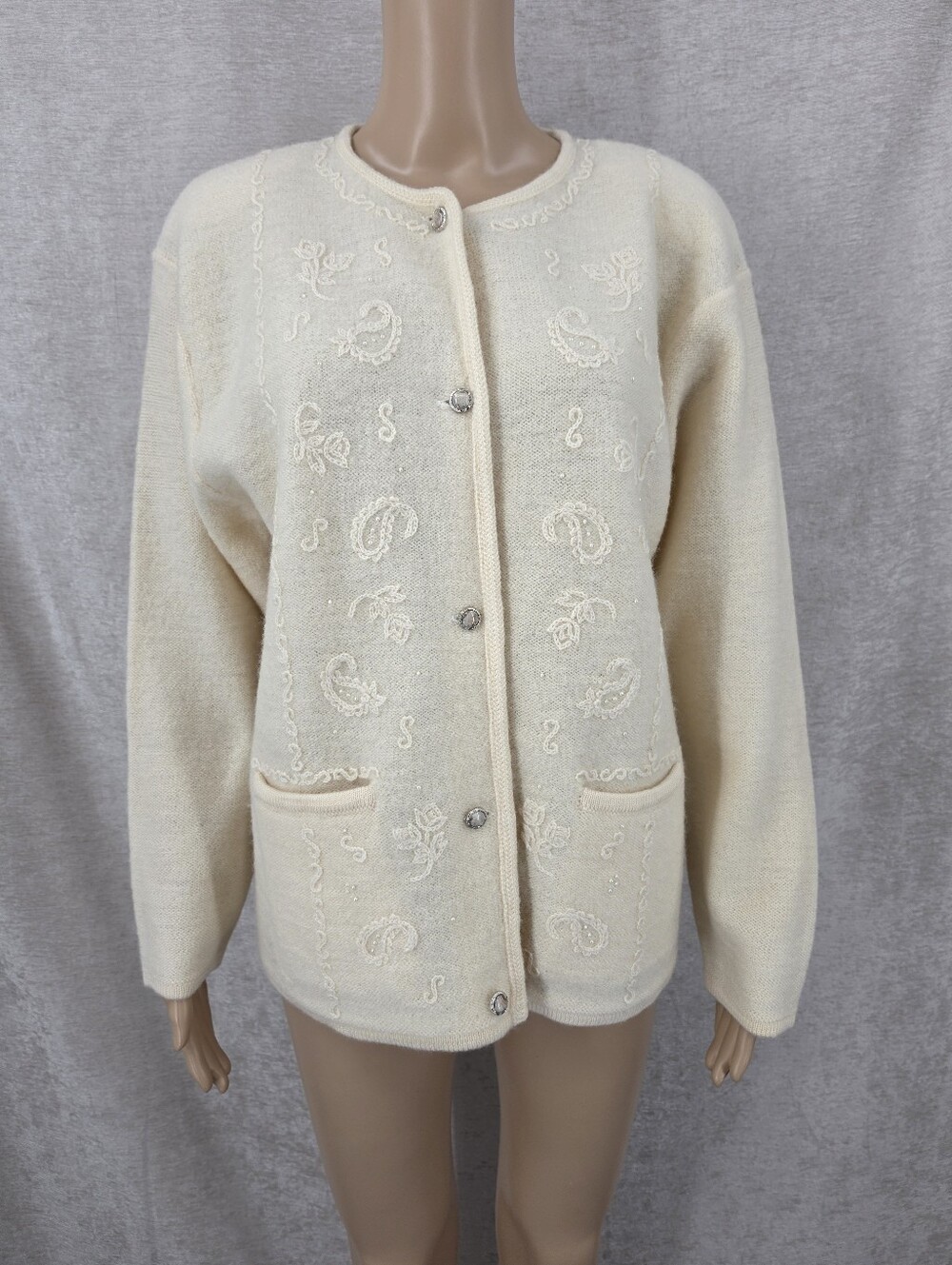 Wool Jantzen Vintage Cardigan Sweater Deadstock Cream Hand Embroidered Beaded